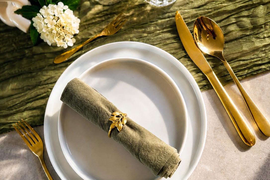 Tischgedeck mit Tellern, Besteck und gefalteter Serviette auf einem eleganten Tisch.