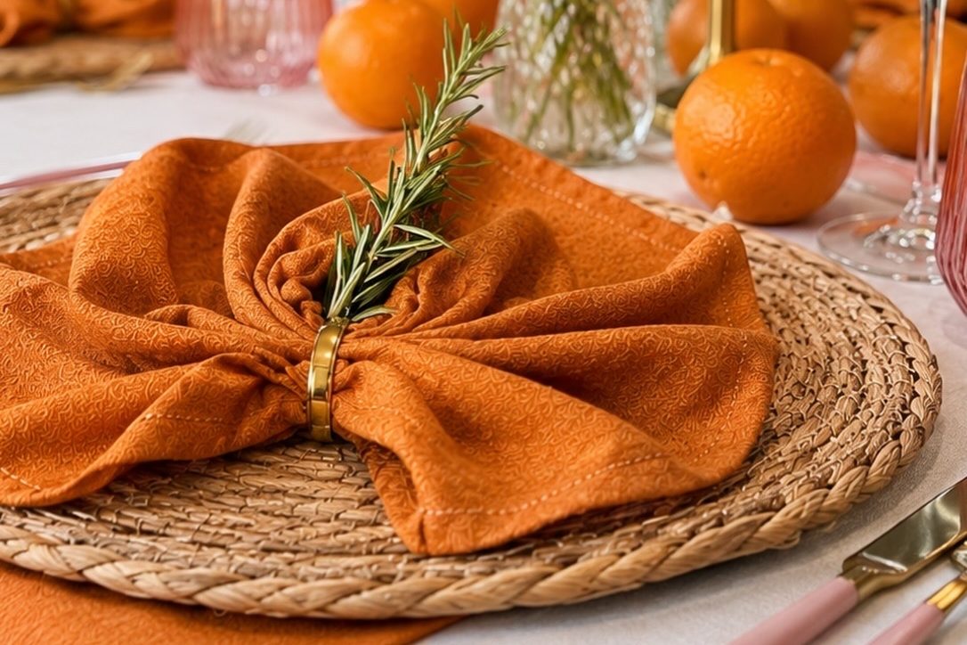 Tischgedeck mit Tellern, Besteck und gefalteter Serviette auf einem eleganten Tisch.